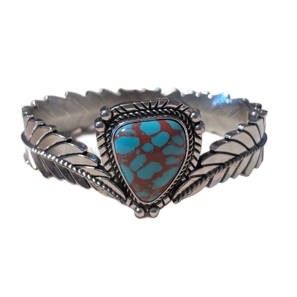Silver Tone Faux Turquoise Feather Hinged Cuff Bracelet Southwestern Western